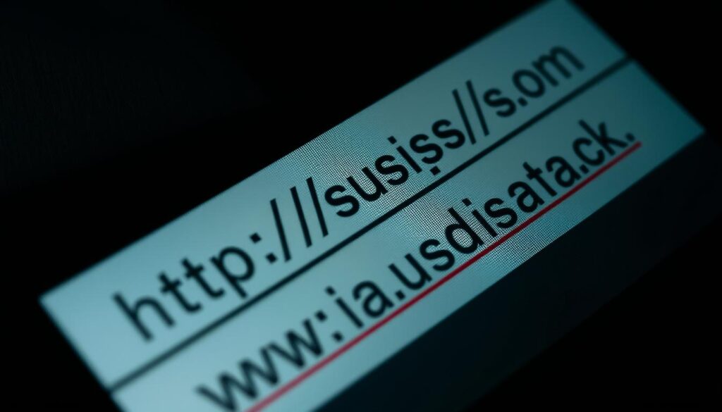 A closeup view of several suspicious-looking hyperlinks or web addresses, appearing on a mobile device screen. The links are designed to resemble legitimate URLs but have subtle differences that suggest they may be phishing attempts. The screen has a slightly distorted, glitchy appearance, creating a sense of digital insecurity. The overall mood is one of caution and vigilance, warning the viewer to be wary of unsolicited links that could lead to harmful websites or malware. The lighting is harsh and unnatural, casting dramatic shadows that heighten the sense of danger. The camera angle is slightly tilted, adding to the unsettling atmosphere.