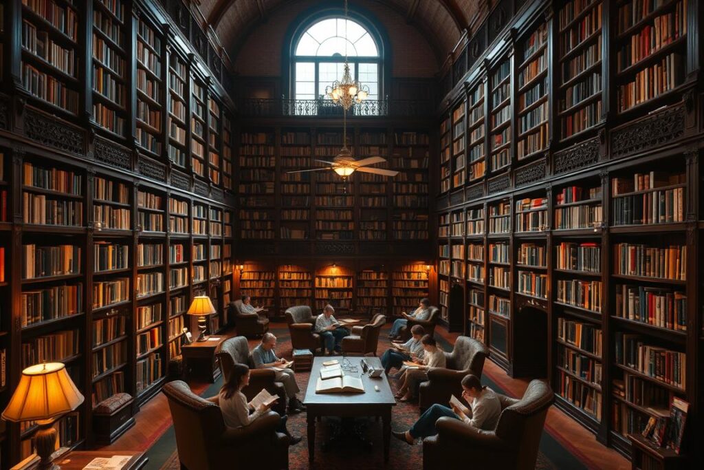 A cozy, well-lit biblioteca with towering bookshelves lining the walls, filled with volumes of classic literature and modern bestsellers. Ornate wooden furniture and plush armchairs create an inviting atmosphere, perfect for getting lost in a good book. Soft, warm lighting casts a gentle glow, while large windows allow natural light to filter in, illuminating the space. In the center, a central reading table is surrounded by readers engrossed in their books, their faces lit by the soft light. The overall mood is one of intellectual curiosity, comfort, and the joy of discovering new stories. A serene, immersive haven for bibliophiles.
