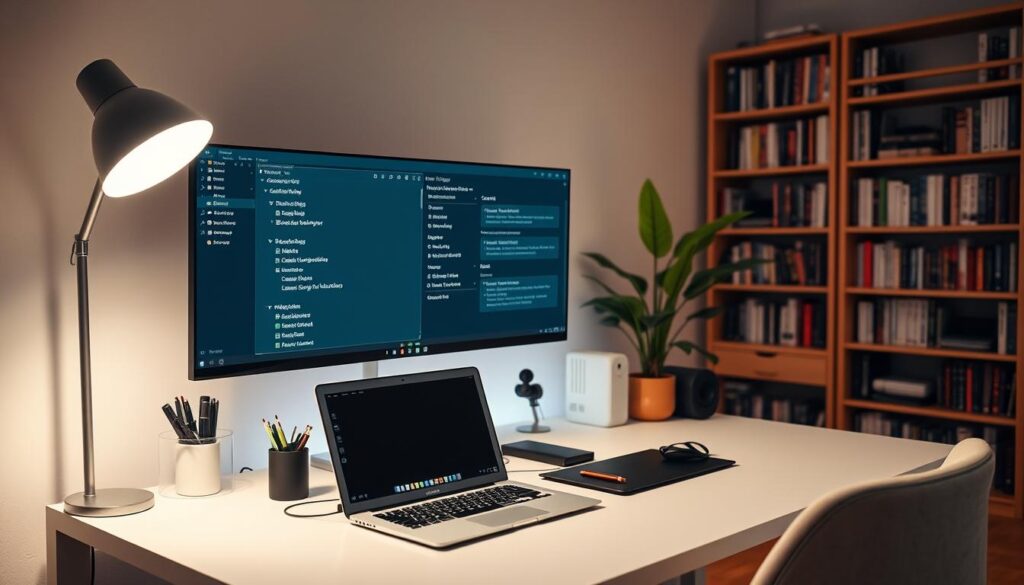 A cozy, well-lit home office with a modern, minimalist desk setup. The desk features a sleek laptop, a neatly organized array of office supplies, and a large monitor displaying various system settings and configurations. Soft, indirect lighting from a floor lamp and overhead fixtures creates a warm, inviting atmosphere. In the background, a floor-to-ceiling bookshelf filled with reference materials and a potted plant add a touch of nature. The overall scene conveys a sense of productivity, organization, and a focus on digital security and privacy.