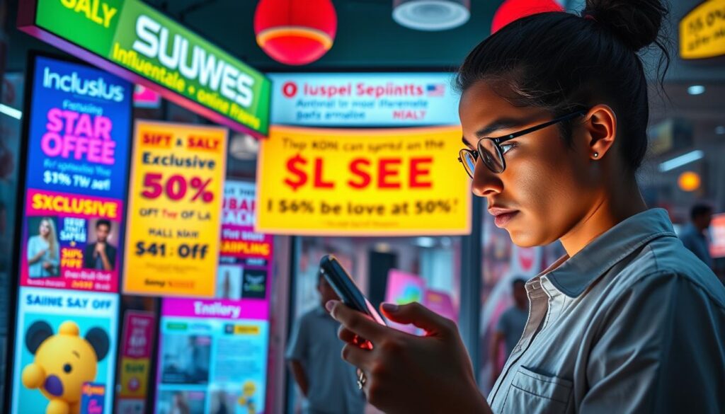 A digital storefront adorned with flashy banners and tempting offers, set against a backdrop of a bustling social media feed. In the foreground, a savvy consumer examines the promotions skeptically, their face illuminated by the glow of a smartphone screen. Neon-hued advertisements and influencer endorsements create a sense of urgency, while the middle ground reveals the true nature of these "exclusive" deals - a web of deception and misinformation. The overall atmosphere conveys a cautionary tale, where the allure of easy savings clashes with the reality of online scams.