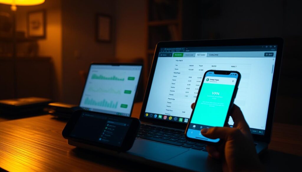 A dimly lit home office with a laptop and a smartphone on a wooden desk. The laptop screen displays a virtual private network (VPN) test interface, with various connection metrics and status indicators. The smartphone screen shows a VPN app, with the user evaluating the VPN's performance. The lighting is warm and slightly hazy, creating a focused and serious atmosphere. The scene conveys the sense of a user thoroughly testing and validating their VPN setup to ensure secure and reliable internet connectivity.