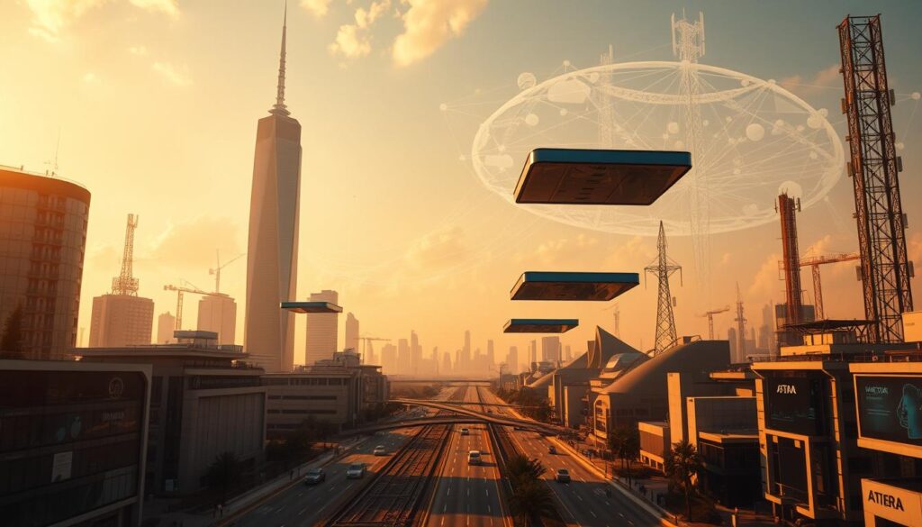 A futuristic cityscape bathed in warm, golden-hued lighting, with a towering skyscraper serving as the central focus. In the foreground, a series of sleek, angular devices hover and glide, representing the seamless integration of artificial intelligence into mobile technologies. The midground showcases a bustling urban landscape, with autonomous vehicles and pedestrians navigating through the dynamic streets. In the background, a vast, cloud-like network of data centers and transmission towers, symbolizing the cloud-based processing and connectivity that powers the advanced mobile applications. The overall scene conveys a sense of progress, innovation, and the transformative impact of AI on the future of mobile computing.