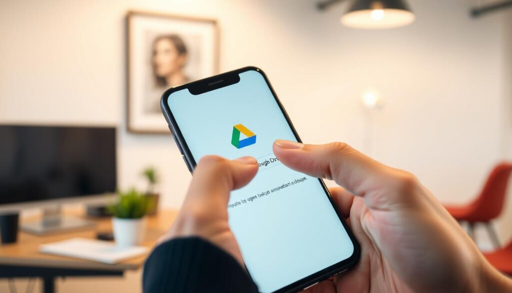 A high-quality photograph of a person's hand tapping the "backup" icon on a smartphone screen, with the Google Drive app interface visible. The scene is set in a well-lit, modern office environment, with a blurred background showcasing a desk, potted plants, and a framed wall art. The lighting is soft and diffused, creating a warm, inviting atmosphere. The camera angle is slightly elevated, emphasizing the user's action and the smartphone screen's clarity. The image conveys a sense of simplicity and ease, reflecting the step-by-step process of configuring automatic backups on Android and iOS devices.