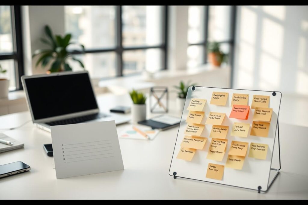 A minimalist workspace with a sleek, modern desk showcasing a laptop, smartphone, and various office supplies. In the foreground, a stylized to-do list and a Kanban-style task board with movable sticky notes depicting various projects and deadlines. The middle ground features a carefully curated selection of plants and a geometric desk organizer. The background is softly blurred, creating a focused, productivity-driven atmosphere, illuminated by natural daylight filtering through large windows. The overall scene conveys a sense of organized efficiency and a balanced approach to task management.