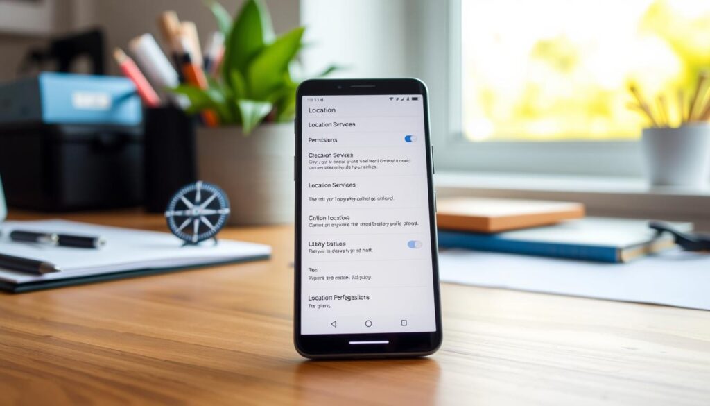 A modern smartphone with a compass, GPS icon, and location services interface displayed on the screen. The device is placed on a wooden desk, with a blurred background of office supplies and a window providing natural lighting. The scene conveys a sense of productivity and the importance of location permissions for mobile device usage. The image should have a clean, minimalist aesthetic to align with the article's focus on optimizing battery life through hidden settings.