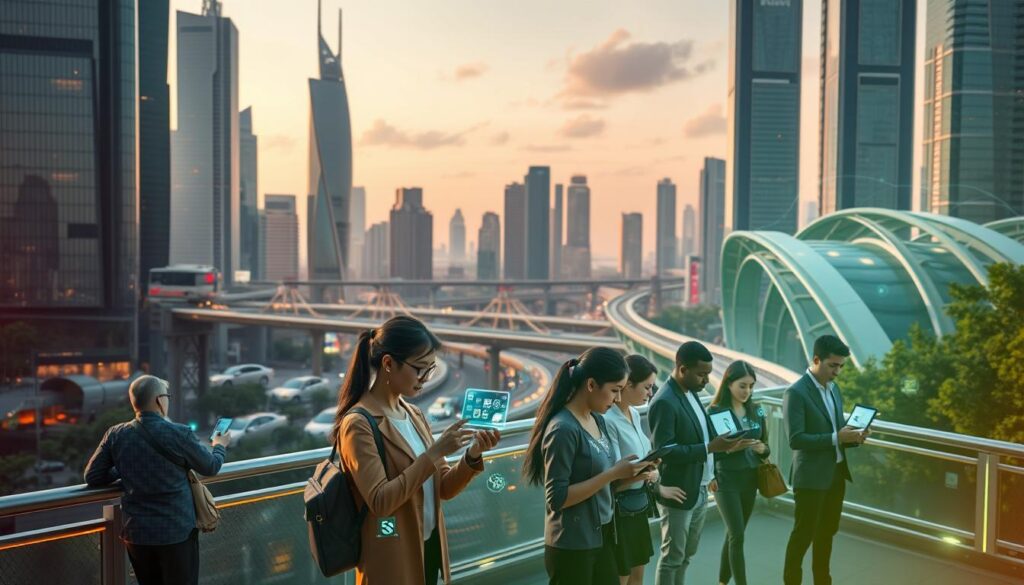 A modern, technologically-advanced cityscape with skyscrapers, bridges, and futuristic transportation systems. In the foreground, a group of diverse individuals interacting with various digital devices and holographic interfaces, representing the concept of multimodality in technology. The scene is bathed in a warm, neon-tinted lighting, creating an atmosphere of innovation and progress. The background features a mix of natural and artificial elements, including lush greenery and gleaming metallic structures, symbolizing the harmonious integration of technology and the environment. The overall composition conveys a sense of dynamic interconnectivity and the seamless integration of technology into everyday life.