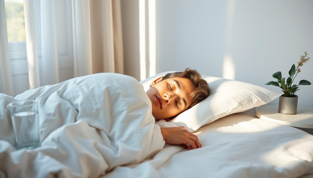 A serene bedroom scene with a person sleeping peacefully under a cozy duvet. Soft, natural lighting filters through sheer curtains, casting a warm glow. The bedside table holds a glass of water and a small plant, creating a sense of tranquility. The room is sparsely decorated, with clean, minimalist lines that evoke a restful atmosphere. The sleeper's face is calm and relaxed, their breathing slow and steady, symbolizing the importance of quality sleep for overall health and well-being.