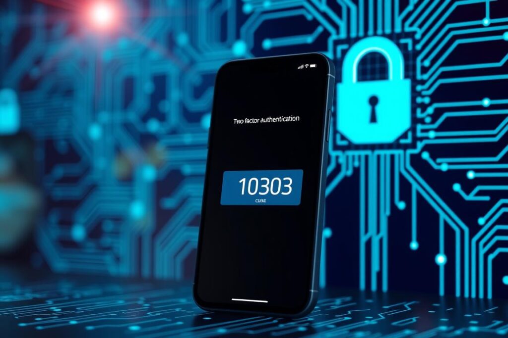 A sleek and modern digital security interface, showcasing a two-factor authentication process with end-to-end encryption. The foreground features a smartphone displaying a numeric code, while the background depicts a secure network of interlocking circuit boards and data streams in shades of blue and green. Subtle lens flares and a soft, diffused lighting create a sense of futuristic elegance. The overall atmosphere conveys a high level of technological sophistication and unwavering data protection.