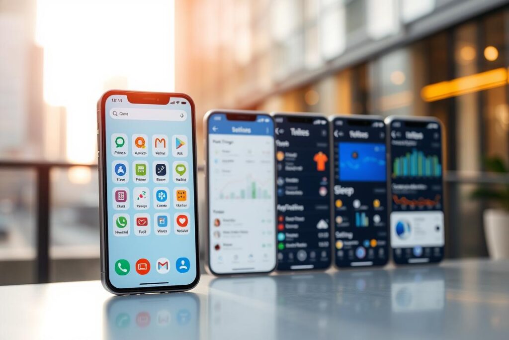 A sleek, modern mobile app interface showcasing various health-related tools and features. In the foreground, a vibrant smartphone display presents a clean, intuitive dashboard with icons for tracking fitness, nutrition, sleep, and medical data. The middle ground features additional app screens highlighting customizable settings, progress charts, and sharing options. The background depicts a soft, blurred cityscape, conveying a sense of productivity and urban wellness. Warm, natural lighting casts a tranquil glow over the scene, creating an inviting and approachable atmosphere for the health-conscious user.