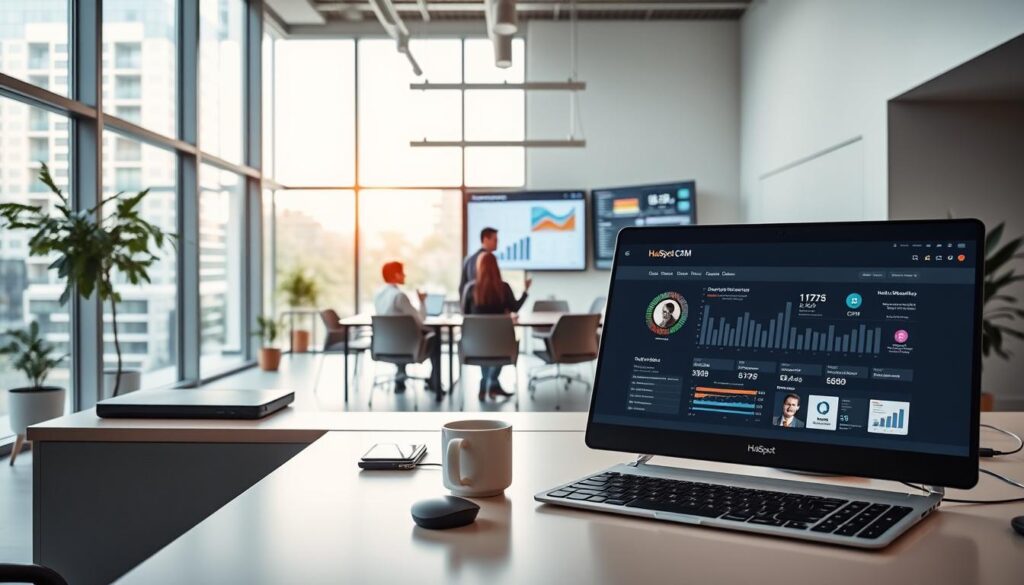 A sleek, modern office interior with a large desk in the foreground, showcasing the HubSpot CRM user interface. The desk is neatly organized, with a laptop, mouse, and a cup of coffee. In the middle ground, a team of professionals collaborating around a conference table, discussing data and analytics displayed on a large wall-mounted screen. The background features floor-to-ceiling windows, allowing natural light to flood the space and create a bright, airy atmosphere. The overall scene conveys a sense of productivity, efficiency, and seamless data management within the HubSpot CRM system.