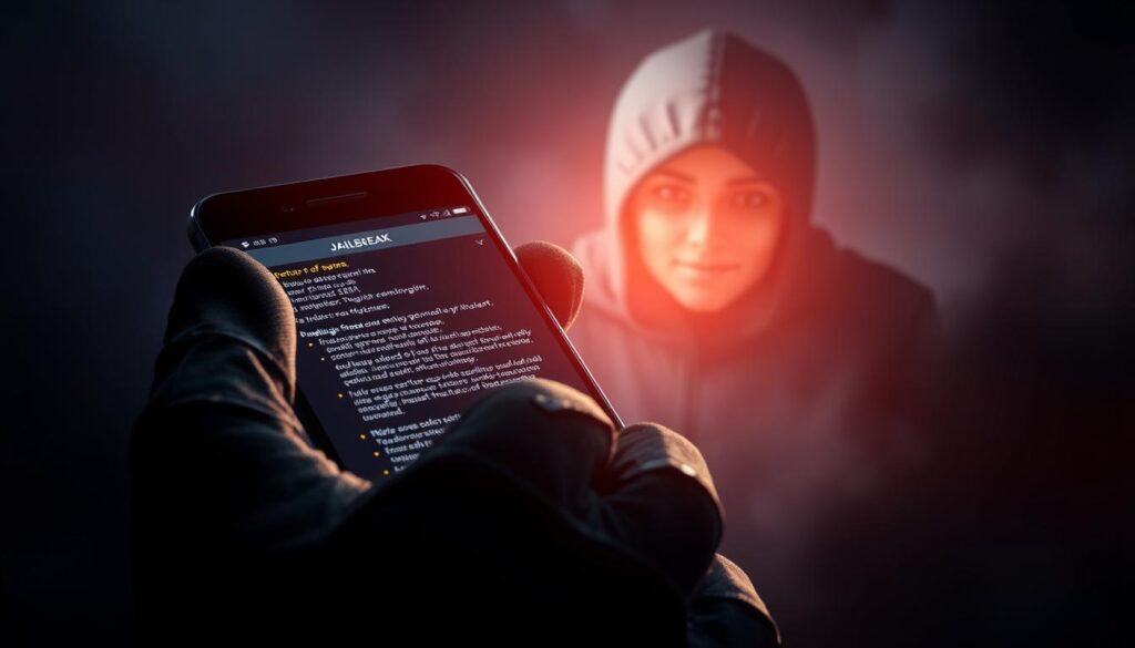 A striking digital illustration showcasing a smartphone undergoing a root jailbreak process. The device's screen displays technical details and security warnings, hinting at the risks of such modifications. In the foreground, a gloved hand skillfully navigates through the jailbreak interface, while the background is bathed in an ominous, dark-toned atmosphere, evoking the potential for security vulnerabilities. Dramatic lighting casts sharp shadows, emphasizing the technical complexity and gravity of the situation. The overall composition conveys the precarious nature of rooting or jailbreaking a mobile device, alluding to the dangers of exposing one's smartphone to potential spyware.