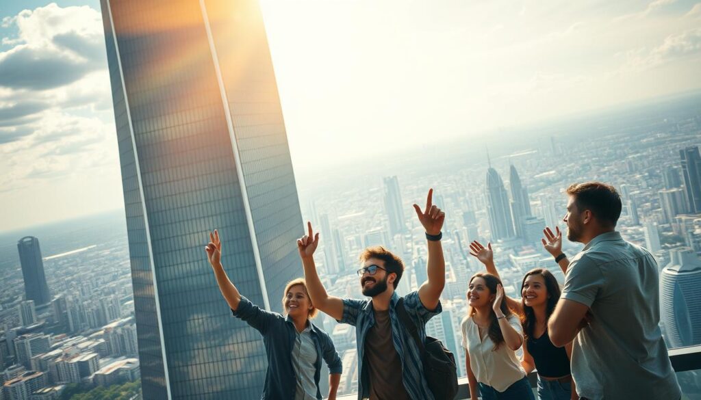 A towering, futuristic skyscraper stands as a testament to the boundless potential of Brazilian startups. The sleek, glass facade reflects the city skyline, hinting at the innovative spirit that drives these trailblazers. In the foreground, a group of young, ambitious entrepreneurs gesticulate animatedly, their expressions brimming with determination. Rays of golden light filter through the windows, bathing the scene in a warm, optimistic glow. The background is a vibrant, bustling cityscape, showcasing the dynamic energy that fuels these startups' ascent to billion-dollar status. The overall composition evokes a sense of endless possibilities, capturing the essence of Brazil's next generation of digital pioneers.