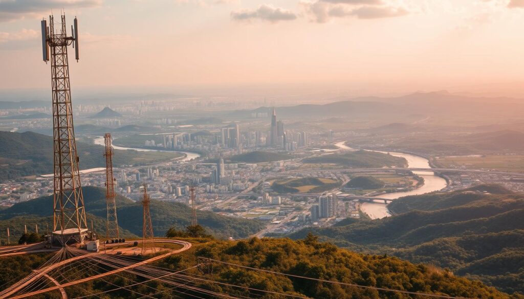 A vibrant landscape depicting Brazil's 6G connectivity landscape. In the foreground, towering telecommunications towers and antennas stand resolute, their metallic frames reaching towards the sky. Beneath them, a network of cables and fiber optics criss-cross the terrain, symbolizing the data highways that connect the nation. In the middle ground, bustling cities and towns emerge, their skylines dotted with modern, high-rise buildings - hubs of innovation and technological progress. The background is filled with lush, verdant landscapes, rolling hills, and winding rivers, representing the vast and diverse geography of Brazil, seamlessly integrated with the digital infrastructure. The scene is bathed in a warm, golden light, conveying a sense of optimism and progress as Brazil embraces the transformative potential of 6G technology.