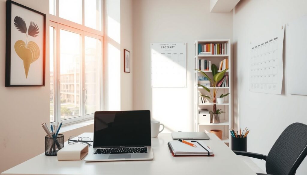 A bright, minimalist office interior with a clean, organized desk. On the desk, a laptop, a planner, and various office supplies neatly arranged. The walls are adorned with inspirational wall art and a large calendar highlighting important deadlines. A warm, natural lighting filters through large windows, creating a serene and focused atmosphere. In the background, a bookshelf filled with productivity-enhancing books and a potted plant, symbolizing growth and balance. The overall composition conveys a sense of efficiency, prioritization, and a well-managed workflow.