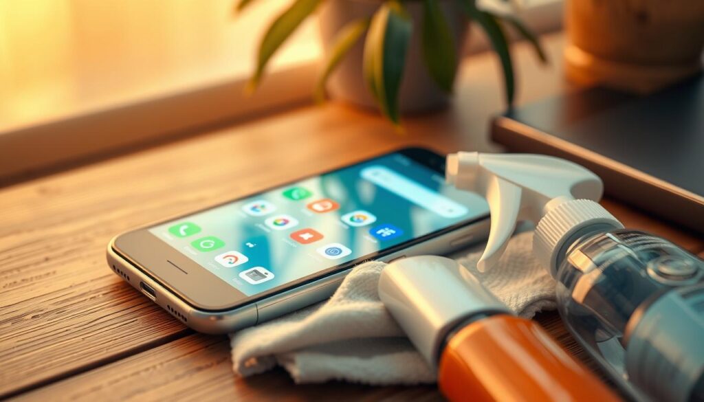 A clean, well-organized smartphone on a wooden desk, with a glowing screen displaying icons and apps related to health and wellness. The device is bathed in warm, soft lighting, conveying a sense of tranquility and mindfulness. In the foreground, a few cleaning tools, such as a microfiber cloth and disinfectant spray, suggest the process of regular device maintenance. The background features plants or other natural elements, creating a calming, rejuvenating atmosphere that emphasizes the benefits of a clean and well-cared-for smartphone for one's overall health and well-being.