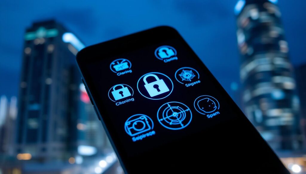 A close-up view of a smartphone screen displaying various security and privacy icons, such as a lock, a shield, and a radar. The screen is illuminated with a cool, bluish tone, creating an atmosphere of technological vigilance. In the background, a blurred urban cityscape with tall buildings and a night sky. The composition conveys a sense of caution and protection against digital threats like cloning, espionage, and spam.