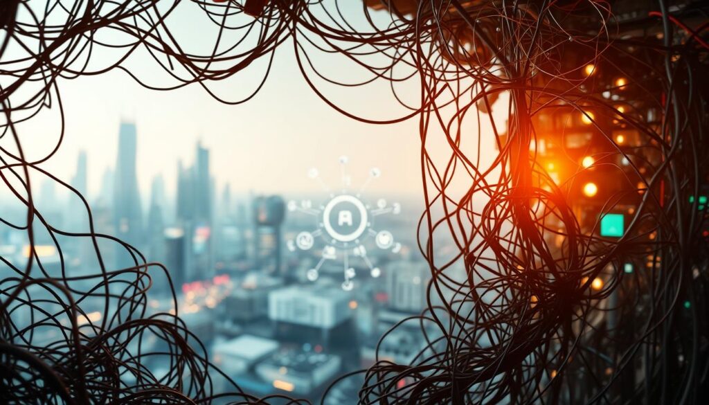 A complex and intricate technological landscape, illuminated by a warm, diffuse light. In the foreground, a tangle of wires and circuitry, hinting at the underlying infrastructure of artificial intelligence. In the middle ground, a cluster of interconnected nodes and data visualizations, representing the intricate networks and algorithms that power AI systems. The background is a blurred, futuristic cityscape, suggesting the broader societal and economic implications of this rapidly evolving technology. The overall atmosphere is one of both wonder and unease, capturing the multifaceted challenges and ethical considerations inherent in the development and deployment of artificial intelligence.