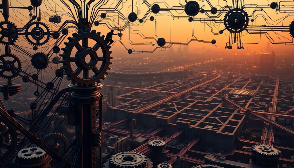 A complex network of interconnected gears, cogs, and circuits symbolizing the intricate challenges of AI innovation. In the foreground, a towering gear with a human figure clinging to its edge, representing the precarious balance between technological progress and ethical considerations. The middle ground features a maze of pathways and obstacles, hinting at the biases, energy demands, and security risks inherent in AI development. In the distant background, a dimly lit cityscape fades into the horizon, suggesting the far-reaching implications of AI on the future of work. The scene is bathed in a warm, amber-tinted light, creating a sense of contemplation and unease. A complex network of interconnected gears, cogs, and circuits symbolizing the intricate challenges of AI innovation. In the foreground, a towering gear with a human figure clinging to its edge, representing the precarious balance between technological progress and ethical considerations. The middle ground features a maze of pathways and obstacles, hinting at the biases, energy demands, and security risks inherent in AI development. In the distant background, a dimly lit cityscape fades into the horizon, suggesting the far-reaching implications of AI on the future of work. The scene is bathed in a warm, amber-tinted light, creating a sense of contemplation and unease.