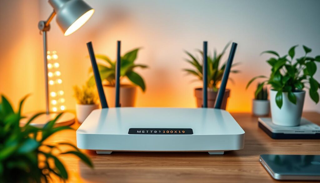 A cozy home network setup with a sleek and modern wireless router at the center, its SSID prominently displayed on the device's LCD screen. The router is placed on a minimalist wooden desk, surrounded by lush indoor plants and warm task lighting. The overall atmosphere is one of simplicity, functionality, and a touch of organic elegance. The scene is captured with a wide-angle lens, showcasing the router's clean design and the harmonious integration of technology and nature in the home office setting.