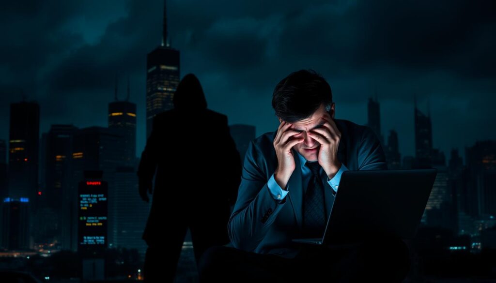 A dark, ominous cityscape looms in the background, with towering skyscrapers and a foreboding skyline. In the foreground, a businessperson sits hunched over a laptop, their expression one of distress and concern. Ominous, shadowy figures loom behind them, hinting at the various cyber threats and social engineering tactics they face. The lighting is dramatic, with deep shadows and highlights that create a sense of unease and tension. The overall scene conveys the risks and impacts that individuals and businesses can encounter, such as data breaches, financial losses, and reputational damage.