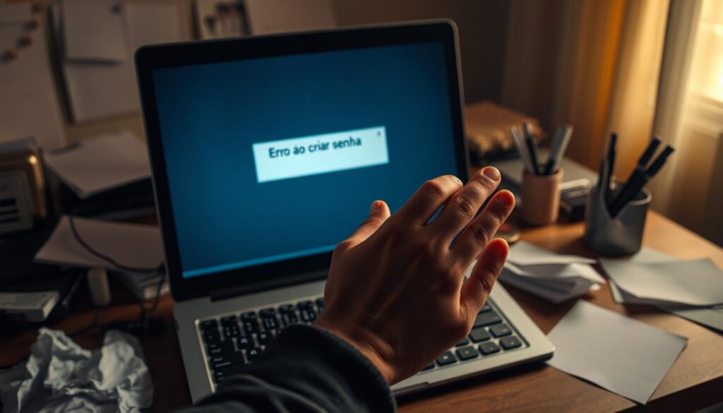 A dimly lit, cluttered office desk with a laptop, crumpled papers, and a pen cup. In the foreground, a hand hovers over the keyboard, hesitant and unsure. The computer screen displays an error message "Erro ao criar senha", highlighting the user's struggle to create a secure password. The background is hazy, suggesting the user's frustration and confusion. Soft, warm lighting casts shadows across the desk, creating a sense of tension and unease. The overall scene conveys the common pitfalls and challenges people face when attempting to set up effective, robust passwords.