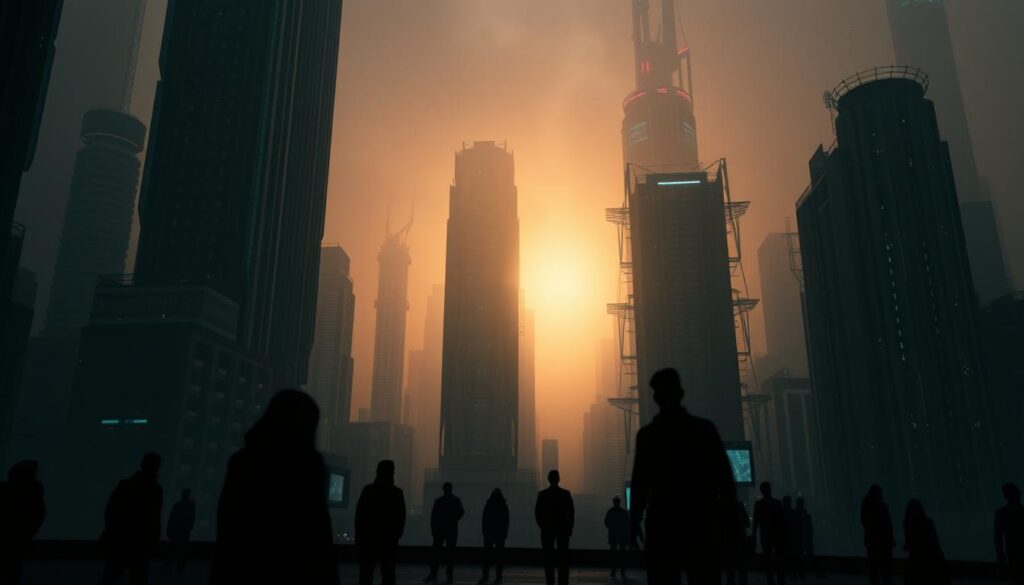 A dimly lit, futuristic cityscape of the metaverse, where towering skyscrapers and digital infrastructure intersect with silhouettes of individuals, symbolizing the blurred boundaries between private and public realms. The scene is shrouded in an aura of mystery, with a subtle haze and a moody, contemplative atmosphere. Subtle glitches and visual distortions hint at the fragility of digital privacy, while the scale and complexity of the environment evoke a sense of both wonder and unease. The perspective is slightly elevated, allowing the viewer to observe the intricacies of this virtual world and its implications for individual autonomy and societal well-being.