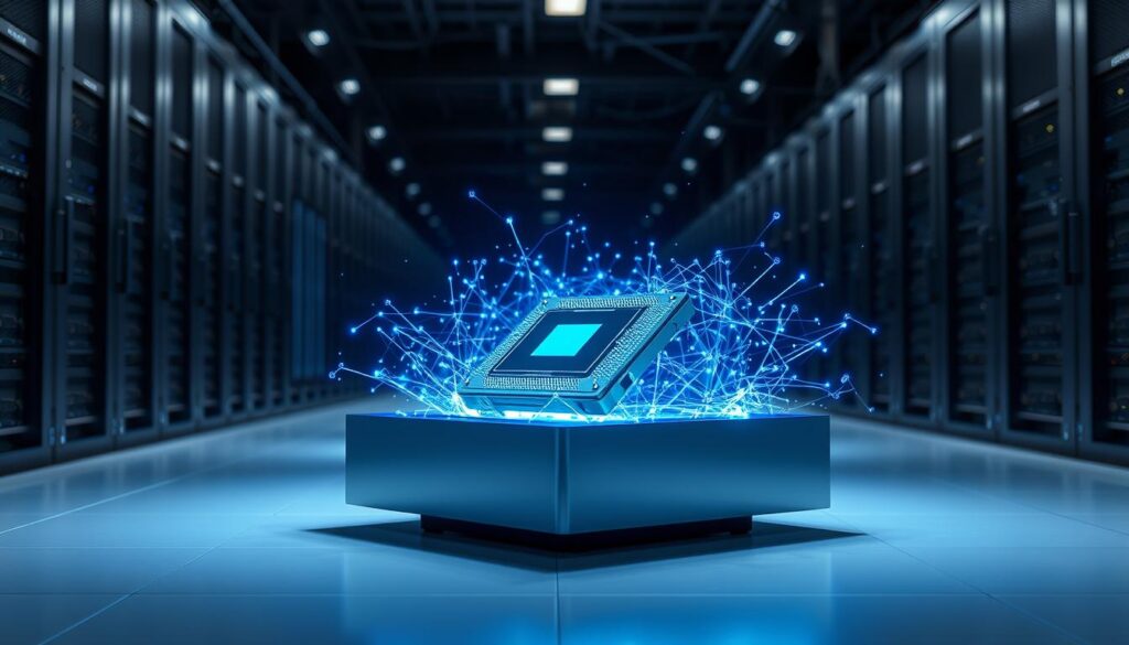A gleaming quantum processor nestled in a sleek, futuristic casing, surrounded by a halo of blue energy pulses and glowing quantum bits. The device is set against a backdrop of a vast, dimly lit data center, with rows of powerful servers and cooling systems hinting at the immense computational power powering the quantum revolution. Crisp, high-contrast lighting illuminates the scene, creating a sense of technological sophistication and the promise of a new era in computing. The overall composition conveys the idea of a quantum system seamlessly integrated into a cutting-edge high-performance computing infrastructure, ready to unlock the next frontier of scientific and technological advancement.