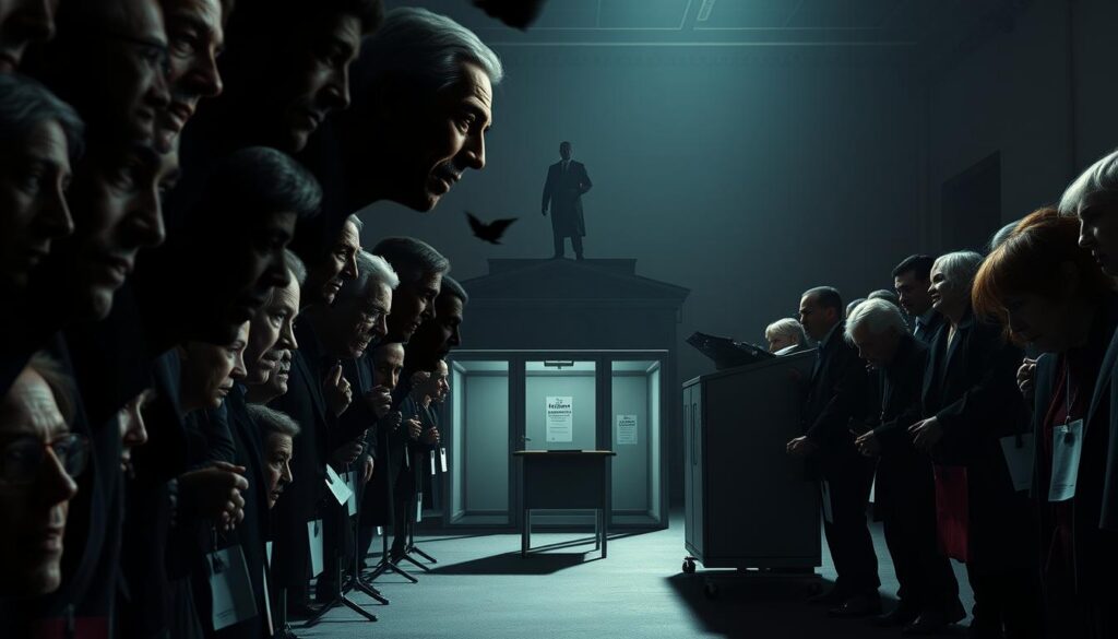 A high-stakes election scenario unfolds, with digital manipulation casting doubt on the integrity of the democratic process. In the foreground, a jumble of fractured, distorted faces suggest the insidious nature of deepfakes, their uncanny features blending into an unsettling mosaic. The middle ground reveals a polling station, its orderly facade undermined by the digital phantoms hovering above. In the background, the stoic silhouette of the electoral authority stands as a bulwark against the encroaching tide of misinformation, a symbol of the ethical challenges and practical responses required to safeguard the sanctity of the vote. Dramatic lighting casts long shadows, heightening the sense of unease and the high stakes at play.