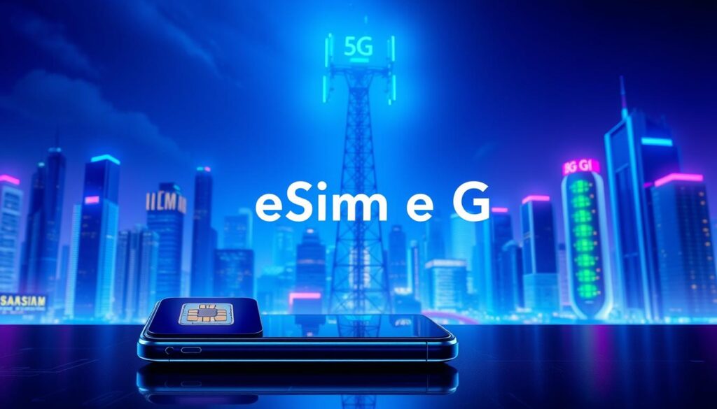 A high-tech and futuristic illustration of "eSIM e 6G". In the foreground, a sleek and modern smartphone with an eSIM chip, symbolizing the next generation of mobile connectivity. The middle ground features a towering 5G cellular tower, its distinctive shape and blue-tinted lighting signifying the transition to 6G networks. The background is a vibrant cityscape, with skyscrapers and futuristic architecture, conveying a sense of technological advancement and urban progress. The overall scene is bathed in a cool, neon-like color palette, creating a visually striking and immersive image that captures the essence of the "Conectividade e infraestrutura: eSIM hoje, 6G no horizonte" section.