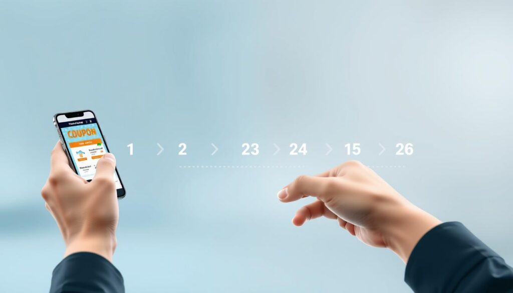 A modern, minimalist illustration depicting the step-by-step process of using an online discount coupon. In the foreground, a person's hands holding a smartphone, with a visually striking coupon interface on the screen. In the middle ground, a series of numbered steps overlaid in a clean, sans-serif font, guiding the user through the coupon redemption flow. The background features a soft, blurred gradient in muted shades of blue and gray, creating a sense of simplicity and focus. Subtle highlights and shadows add depth and dimensionality to the overall composition. The overall mood is one of efficiency, clarity, and a seamless digital shopping experience.