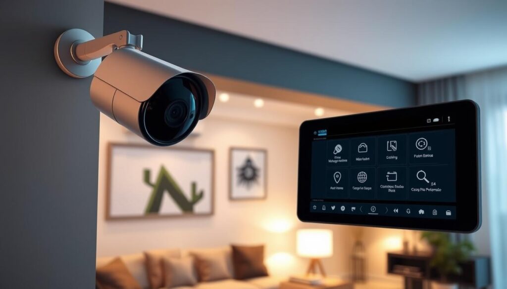A modern, secure smart home with advanced security features. In the foreground, a sleek security camera mounted on the wall, its lens carefully angled to survey the interior. In the middle ground, a touchscreen control panel displaying various monitoring options and alerts. The background reveals a minimalist, high-tech living space filled with ambient lighting and subtle technological integrations. The overall atmosphere conveys a sense of safety, convenience, and technological sophistication, perfectly reflecting the "Segurança e monitoramento em smart homes" section of the article.