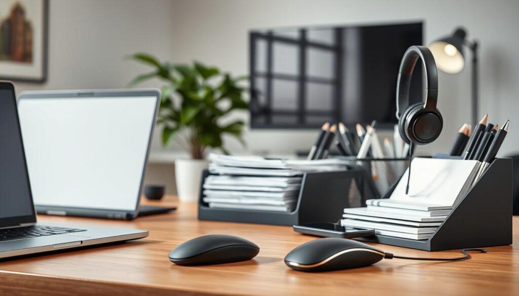 A professional workstation with an organized array of productivity tools for email management. In the foreground, a sleek laptop, wireless mouse, and a high-quality headset for seamless communication. In the middle ground, a desktop organizer with neatly arranged notebooks, pens, and a modern smartphone. The background features a minimalist office setup with a large monitor, task lighting, and a potted plant, conveying a calm and focused atmosphere. The lighting is soft and natural, creating a productive and professional ambiance. The entire scene is rendered in a sharp, detailed style with a polished, high-resolution finish.