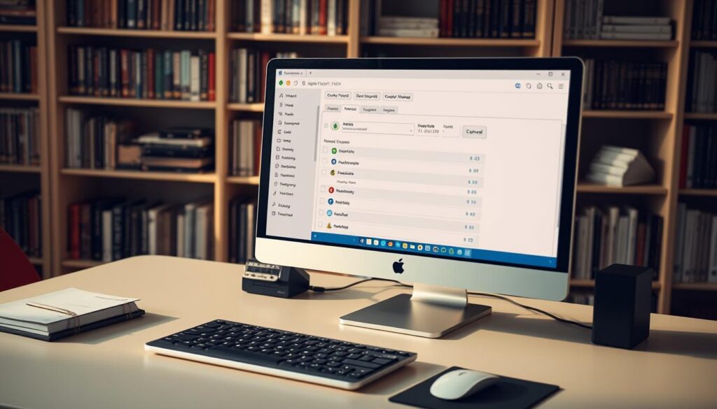 A sleek and organized workspace with a desktop computer, keyboard, and mouse. On the screen, a seamless import/export process for passwords is displayed, with clear icons and intuitive menus. The lighting is warm and natural, creating a sense of productivity and efficiency. In the background, a bookshelf filled with reference materials on cybersecurity and password management adds an academic touch. The overall composition conveys the ease and importance of securely managing one's digital credentials.