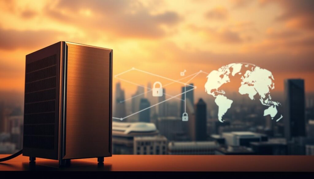 A sleek, modern VPN proxy server stands in the foreground, its clean lines and metallic casing conveying a sense of digital security and privacy. In the middle ground, a network diagram illustrates the VPN's layered encryption and anonymization process, while the background depicts a cityscape, hinting at the global connectivity enabled by the VPN. Warm, diffused lighting creates a sophisticated, tech-savvy atmosphere, and the camera angle suggests a professional, authoritative perspective on the subject matter.