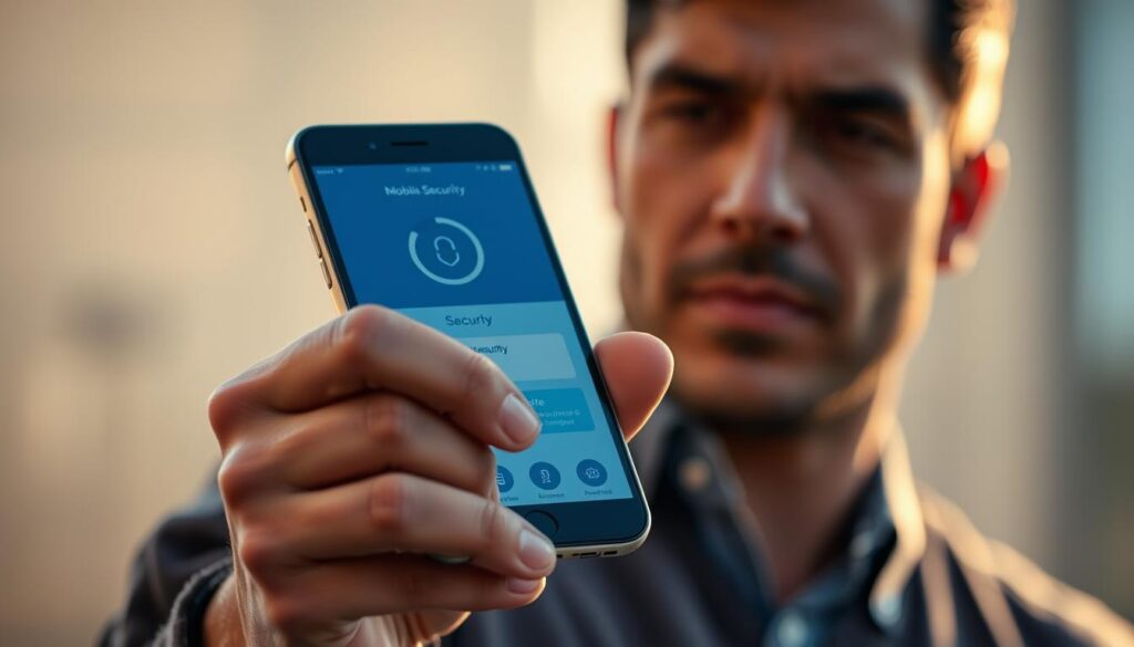A smartphone securely held in a person's hand, the screen displaying a mobile security app interface. The user's face is in focus, expression calm and determined, conveying a sense of control and preparedness. The background is blurred, placing emphasis on the phone and the user's actions. Warm, natural lighting casts a soft glow, creating an atmosphere of confidence and reassurance. The overall scene suggests the user's ability to quickly and effectively respond to a potential phone theft or security breach.