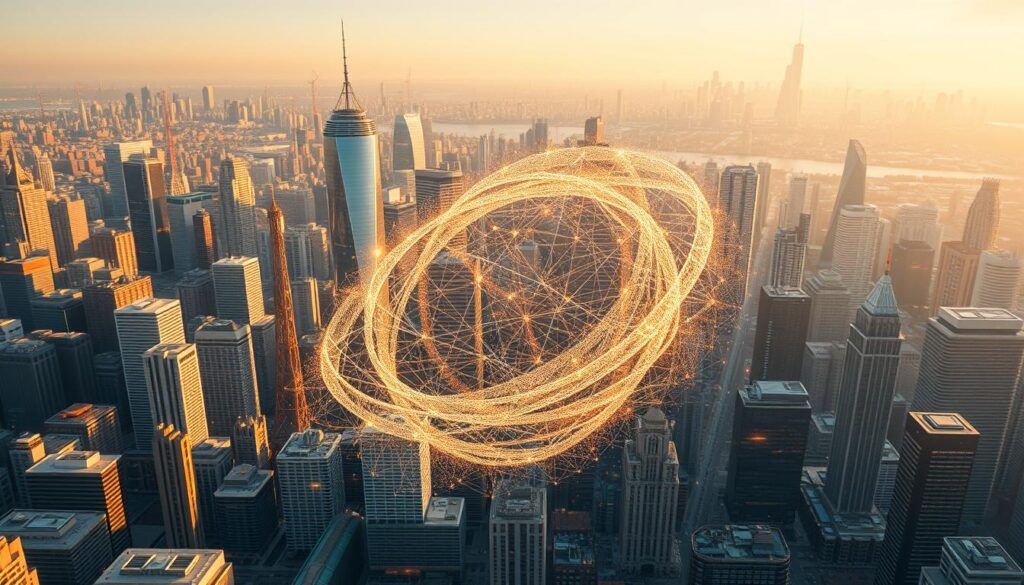 A sprawling cityscape of gleaming skyscrapers and futuristic 5G/6G telecommunications towers, bathed in a warm, golden glow. In the foreground, a swirling vortex of data particles coalesces into the form of a sentient, AI-powered hologram, its ethereal presence commanding the scene. Intricate lines of code and neural network diagrams intertwine, weaving a tapestry of generative intelligence that permeates the urban landscape. The composition exudes a sense of technological wonder, seamlessly blending the physical and digital realms to illustrate the strategic role of generative AI in transforming modern telecommunications.