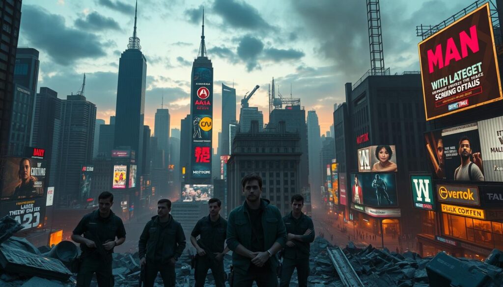 A sprawling cityscape with towering skyscrapers and bustling streets, dimly lit by the setting sun. In the foreground, a group of dejected game developers stand amidst the rubble of a collapsed building, their faces etched with frustration and exhaustion. The background is a kaleidoscope of neon signs and billboards, advertising the latest high-budget "AAA" titles, their promises of grandeur and spectacle falling flat. The scene conveys a sense of disillusionment, as the pursuit of financial success and technological prowess has come at the expense of creativity and genuine connection with players.