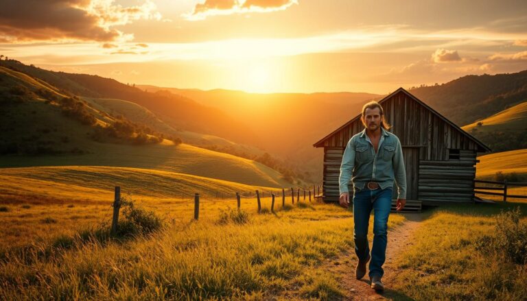 A sun-drenched rural landscape, where the rolling hills of the American countryside seamlessly blend with the rugged terrain of the Brazilian sertão. In the foreground, a weathered wooden barn stands as a symbolic bridge, its rustic charm echoing the shared heritage of country music traditions. Amidst the lush greenery, a lone cowboy strides, his weathered face and denim-clad figure embodying the spirit of both the American and Brazilian rural cultures. Overhead, a vibrant sunset paints the sky in a warm, golden glow, casting a soft, cinematic light across the scene. The overall atmosphere evokes a sense of timeless connection, where the shared rhythms and narratives of country and sertanejo music transcend geographic boundaries.