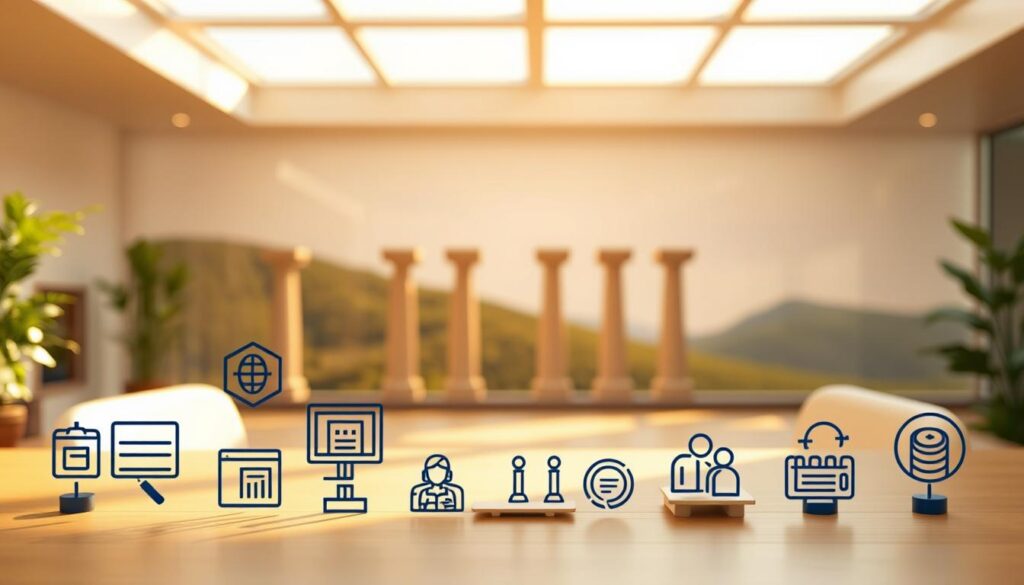 A tranquil, well-lit workspace with warm, natural lighting. In the foreground, a collection of icons representing key technical skills and professional competencies - coding, data analysis, project management, communication, and collaboration. In the middle ground, a series of pillars or columns, each supporting a different aspect of career growth and success. The background features a serene, abstract landscape, conveying a sense of balance, harmony, and personal fulfillment. The overall mood is one of focus, determination, and a commitment to continuous learning and development.