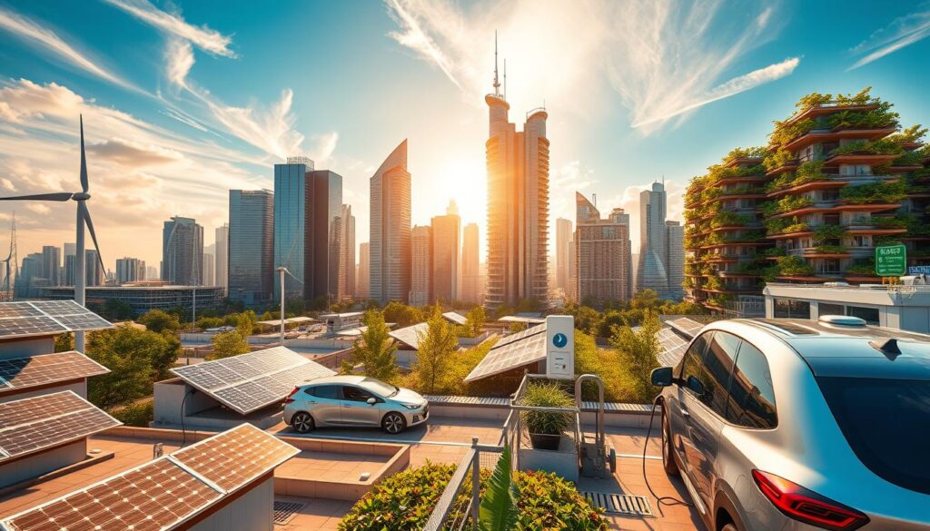A vibrant, futuristic cityscape showcasing sustainable energy technologies in action. In the foreground, solar panels and wind turbines dot the rooftops, harnessing renewable power. In the middle ground, sleek electric vehicles charge at curbside stations, their batteries recharged by clean energy. In the background, towering skyscrapers are adorned with vertical gardens and hydroponic farms, blending nature and technology. Warm, golden sunlight filters through wispy clouds, illuminating the scene with an optimistic glow. The overall atmosphere conveys a sense of progress, innovation, and a harmonious balance between human civilization and the environment.