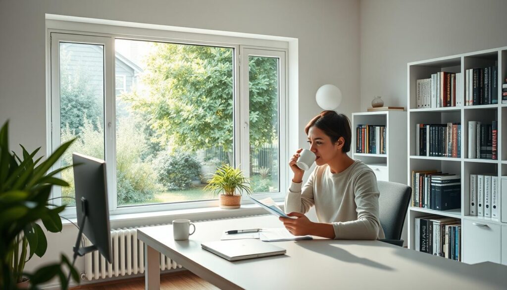 A well-lit, minimalist home office with a large window overlooking a peaceful, lush garden. In the foreground, a person sits at a clean, uncluttered desk, sipping a steaming cup of coffee while intently reviewing notes and documents. The middle ground features a bookshelf filled with inspiring volumes, and a small indoor plant adds a touch of natural greenery. The background showcases the serene garden outside, with soft morning sunlight filtering through the leaves. The overall scene conveys a sense of focus, calm, and productivity, perfectly capturing the essence of a productive morning routine.