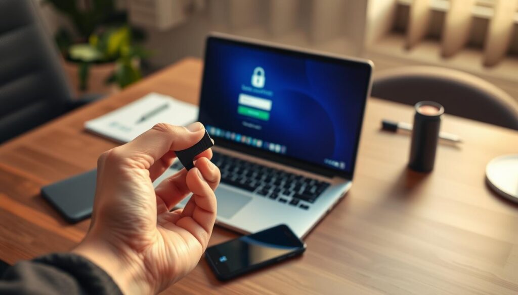 An office desk with a laptop, mobile phone, and two-factor authentication security key, all bathed in warm, soft lighting. The desktop background showcases a secure website login page, emphasizing the importance of strong digital security practices. In the foreground, a hand reaches for the security key, symbolizing the user's commitment to protecting their online accounts. The overall scene conveys a sense of professionalism, attention to detail, and a focus on best practices for maintaining two-factor authentication safeguards.