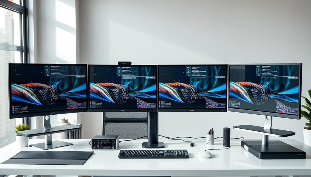 step-by-step configuration of multiple monitors with detailed setup on a clean, professional desk with modern office accessories, soft natural lighting, high-quality materials, ergonomic design, showing the monitors from an elevated angle to emphasize the configuration, a sense of organization and productivity