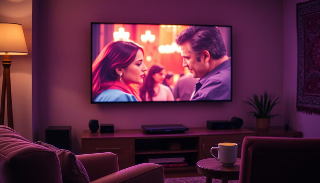 A cozy living room interior with a large TV screen displaying a Turkish drama series. The screen shows a passionate scene between the lead characters, their faces illuminated by the warm glow of the television. In the foreground, a comfortable armchair and a side table with a cup of hot tea or coffee. On the walls, decorative tapestries or artwork reflecting Turkish cultural motifs. Soft ambient lighting creates a relaxing, immersive atmosphere, inviting the viewer to sit back and fully enjoy the captivating Turkish soap opera.