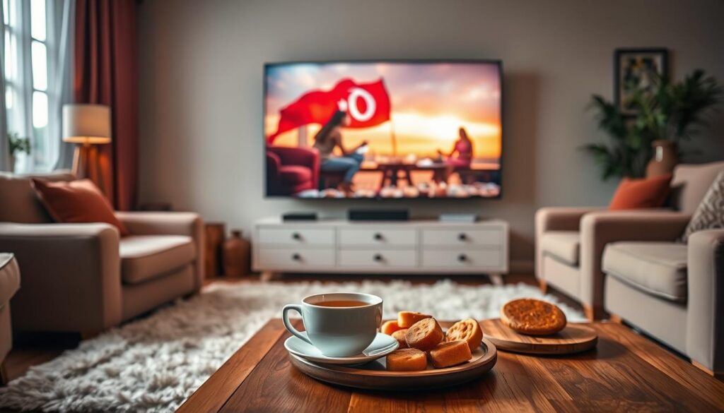 A cozy living room setting with a large flat-screen TV prominently displayed, showcasing a vibrant Turkish drama playing on the screen. Soft ambient lighting creates a warm, inviting atmosphere, while plush armchairs and a fluffy rug suggest a comfortable, relaxing viewing experience. In the foreground, a cup of hot tea and a plate of traditional Turkish desserts sit on a wooden coffee table, adding to the sense of cultural immersion. The overall scene conveys the benefits of enjoying the rich storytelling and cultural insights that Turkish dramas can provide when watched from the comfort of one's own home.
