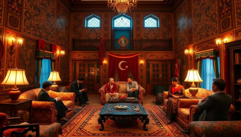 A grand living room in a traditional Turkish home, bathed in warm, ambient lighting. The walls are adorned with intricate, ornate patterns and vibrant textiles, creating a cozy and inviting atmosphere. In the center, a group of people, dressed in traditional Turkish attire, are gathered around a low, ornately-carved coffee table, engaged in lively conversation. The room is filled with the soft glow of candles and the subtle fragrance of spices. The overall scene conveys the essence of Turkish domestic life and the captivating storytelling that is at the heart of Turkish soap operas.