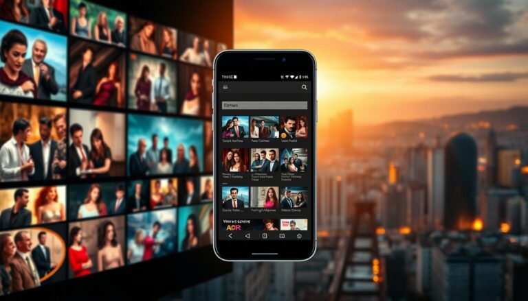 A striking visual panorama of Turkish telenovelas. In the foreground, a collage of vibrant TV screen captures showcasing diverse characters and dramatic plotlines. The middle ground features a sleek modern smartphone, its screen displaying a streamlined user interface for browsing and accessing a comprehensive catalog of Turkish dramas. In the background, a stylized cityscape evokes the global reach and appeal of these captivating television series. Warm lighting and cinematic framing create a sense of immersive entertainment. The overall composition conveys the thrill and convenience of discovering a world of Turkish novelas at your fingertips.