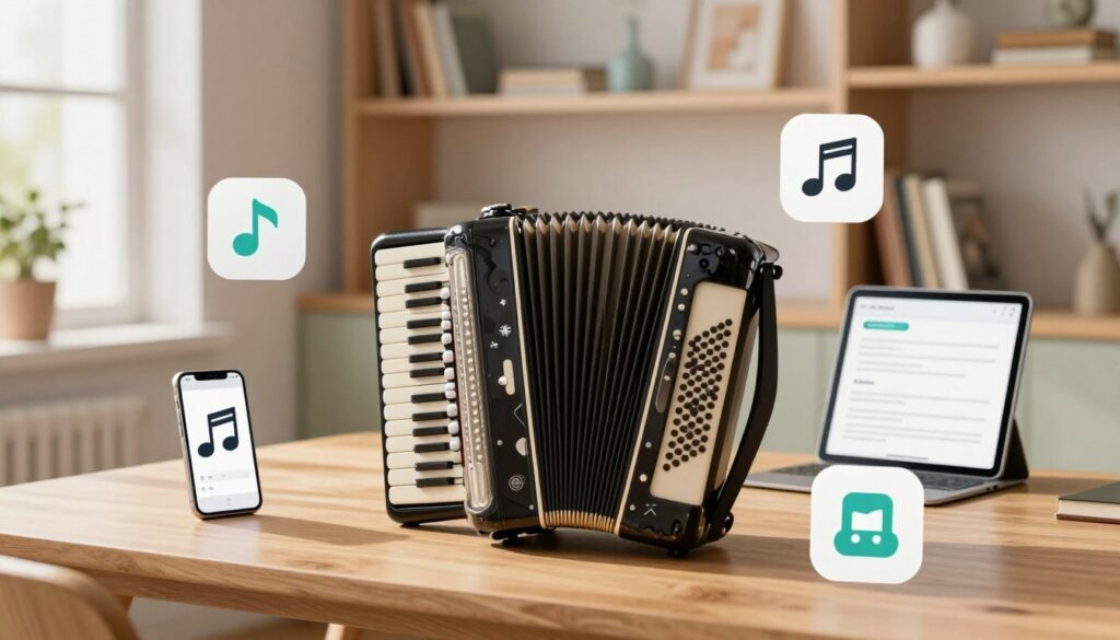 A cozy workspace featuring a modern accordion resting on a wooden table. Surrounding the accordion are various symbols of app icons, such as a smartphone and tablet screen displaying music notes and tutorial graphics. In the background, pastel-colored shelves filled with music books and decorative items create a warm, inviting atmosphere. Soft, natural lighting streams through a nearby window, casting gentle shadows across the scene. The focus is sharp on the accordion as the main subject, while the app icons are slightly blurred, suggesting a seamless blend of traditional and modern music learning. The overall mood is inspiring and educational, ideal for discovering free accordion learning apps.