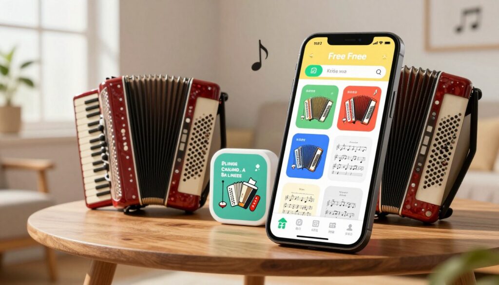 A vibrant scene showcasing a variety of mobile applications on a smartphone screen, all themed around learning to play the accordion for free. In the foreground, a modern smartphone displays colorful app icons featuring accordion tutorials and sheet music. The middle ground features a stylish wooden table with an open accordion resting beside the phone, inviting viewers to imagine playing. In the background, soft natural light filters through a cozy room, accentuated by warm tones that create a welcoming atmosphere. Include subtle musical notes in the air, suggesting melody and learning. The mood is inspiring and educational, perfect for aspiring musicians.